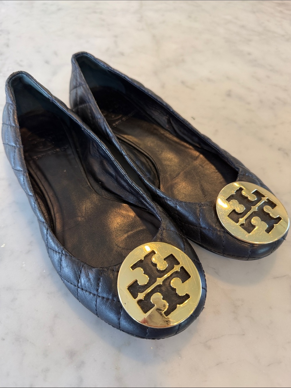 Tory Burch Black Quilted Leather Ballet Flats with Gold Logo